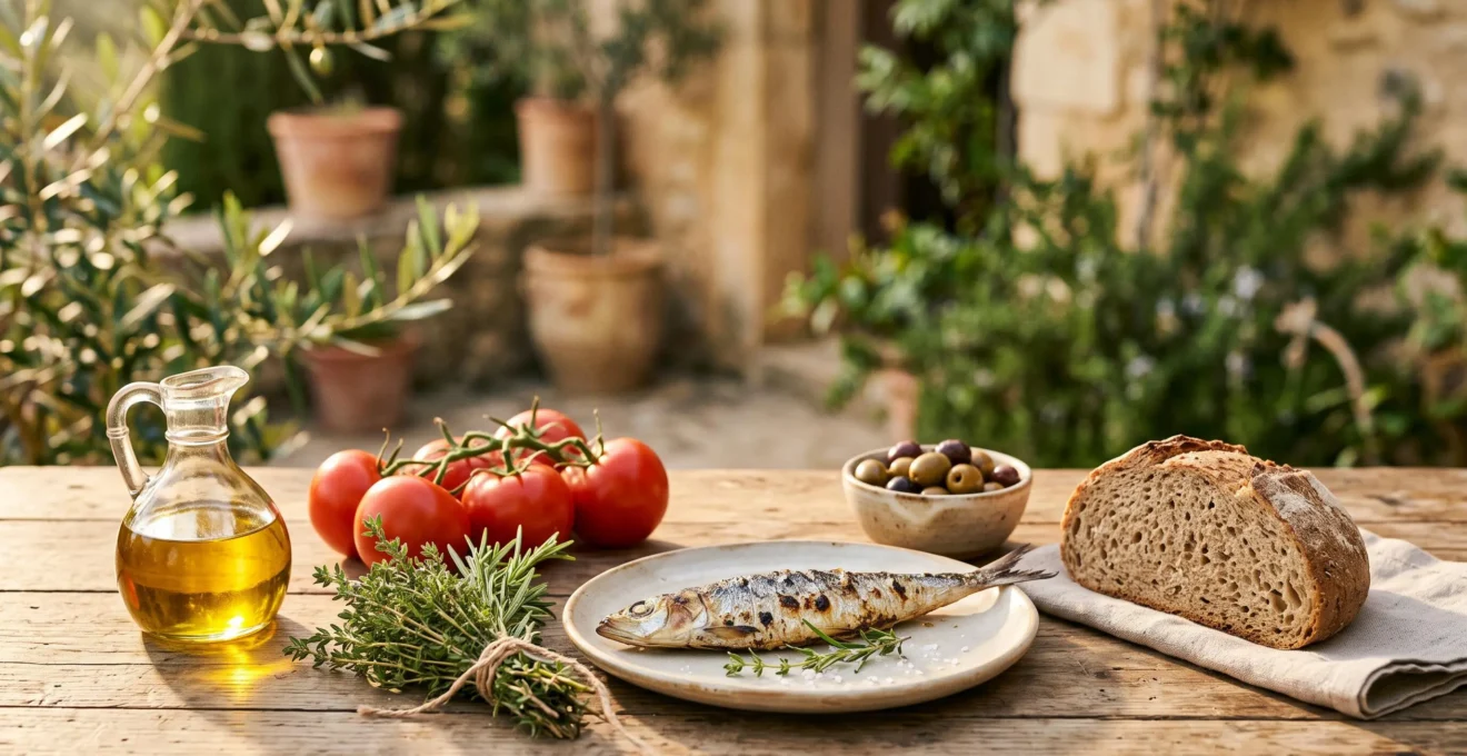 Table en bois dressée avec des produits méditerranéens français de saison, huile d'olive, légumes colorés et poissons bleus