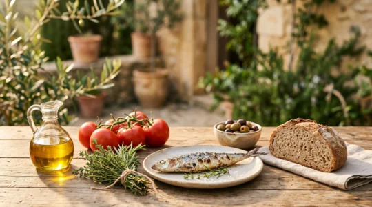 Table en bois dressée avec des produits méditerranéens français de saison, huile d'olive, légumes colorés et poissons bleus