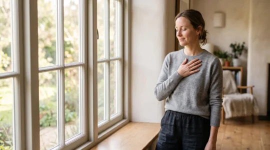Personne debout près d'une fenêtre lumineuse, main posée sur sa poitrine dans un geste d'auto-compassion, symbolisant une relation apaisée avec son corps