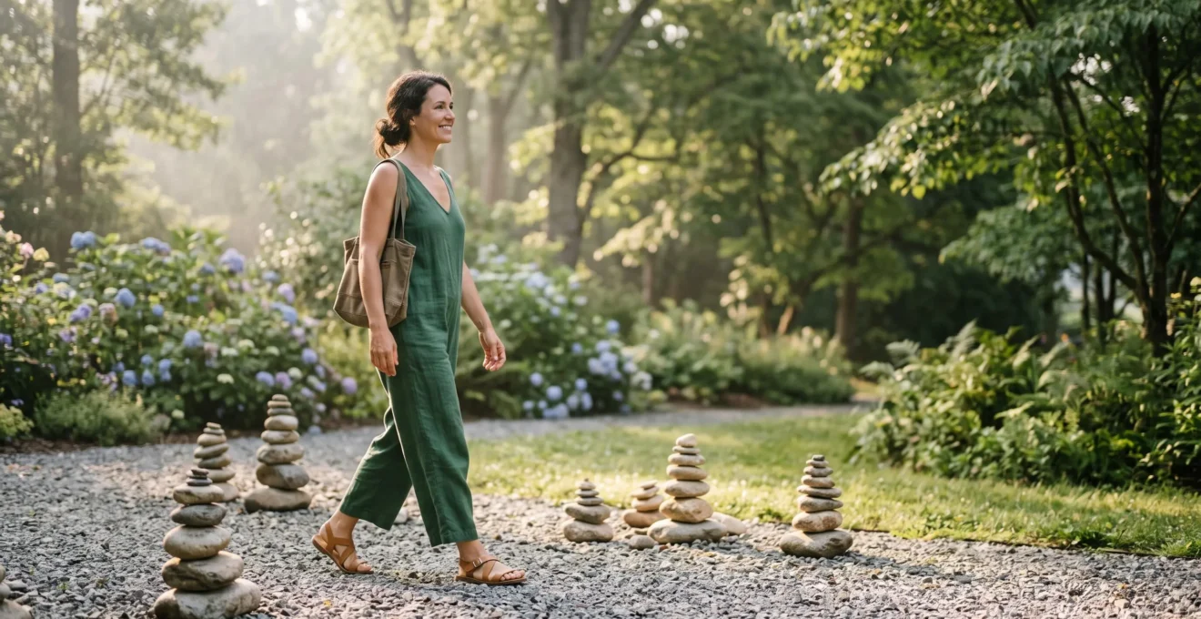 Silhouette féminine sereine en mouvement dans un jardin lumineux, symbolisant une stabilité mince durable et naturelle