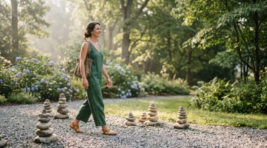 Silhouette féminine sereine en mouvement dans un jardin lumineux, symbolisant une stabilité mince durable et naturelle