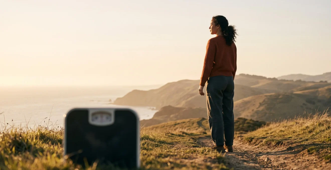 Une personne de dos regardant un horizon lumineux, une balance ancienne floue et hors de portée à l'arrière-plan, symbolisant les progrès qui dépassent le simple chiffre du poids