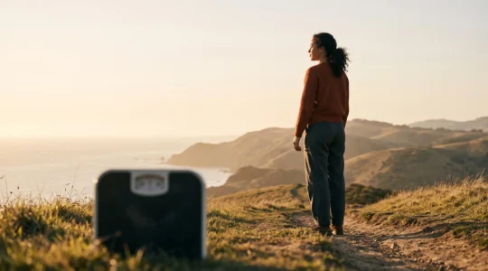 Une personne de dos regardant un horizon lumineux, une balance ancienne floue et hors de portée à l'arrière-plan, symbolisant les progrès qui dépassent le simple chiffre du poids