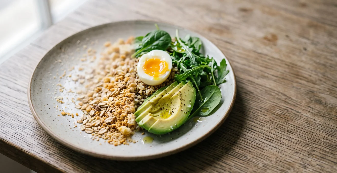 Assiette en transition symbolisant le passage progressif et serein vers une alimentation low-carb, entre aliments riches en glucides et aliments pauvres en glucides