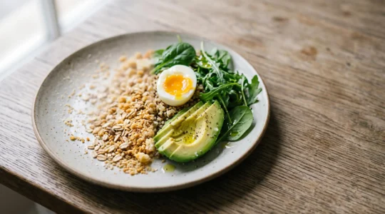 Assiette en transition symbolisant le passage progressif et serein vers une alimentation low-carb, entre aliments riches en glucides et aliments pauvres en glucides