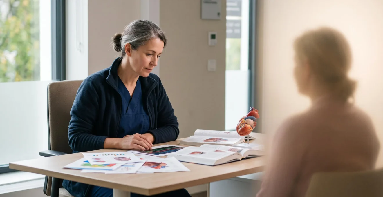 Professionnel de santé étudiant un dossier médical complexe dans un cabinet lumineux, symbolisant la recherche d'une expertise pointue