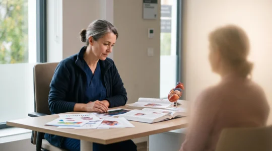 Professionnel de santé étudiant un dossier médical complexe dans un cabinet lumineux, symbolisant la recherche d'une expertise pointue